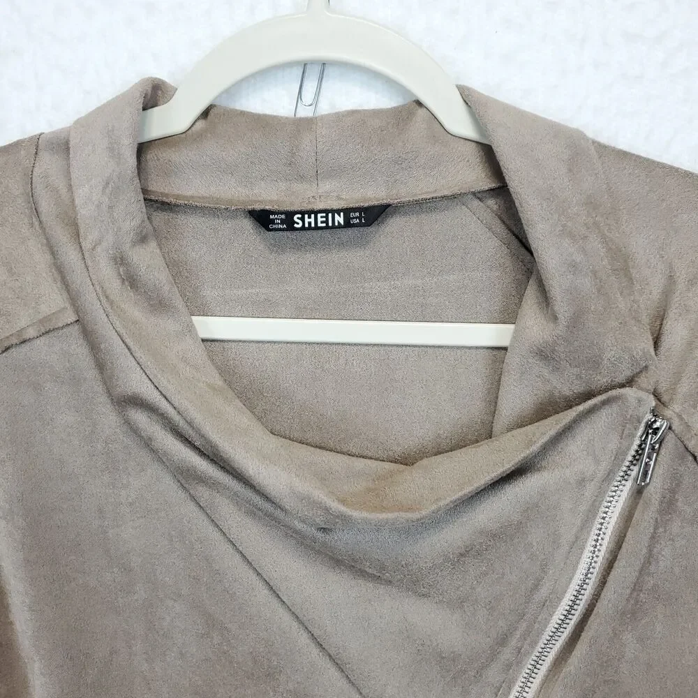 Shein Drape Neck Inside Out Blazer Top Women L Long Sleeves Front Zip Taupe - Picture 13 of 13